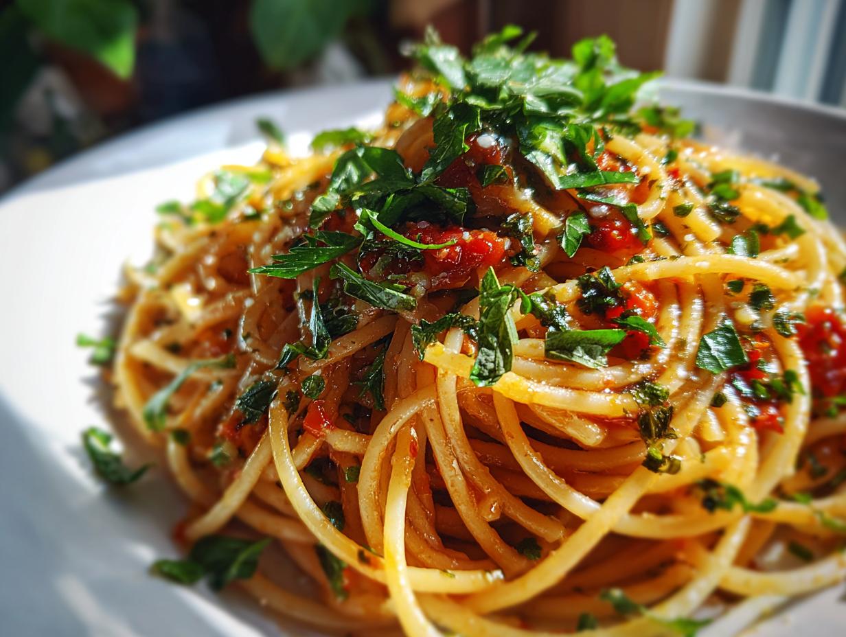 Close-up of spaghetti with tomato sauce and fresh herbs, part of the Ultimate Pasta Recipes Guide.