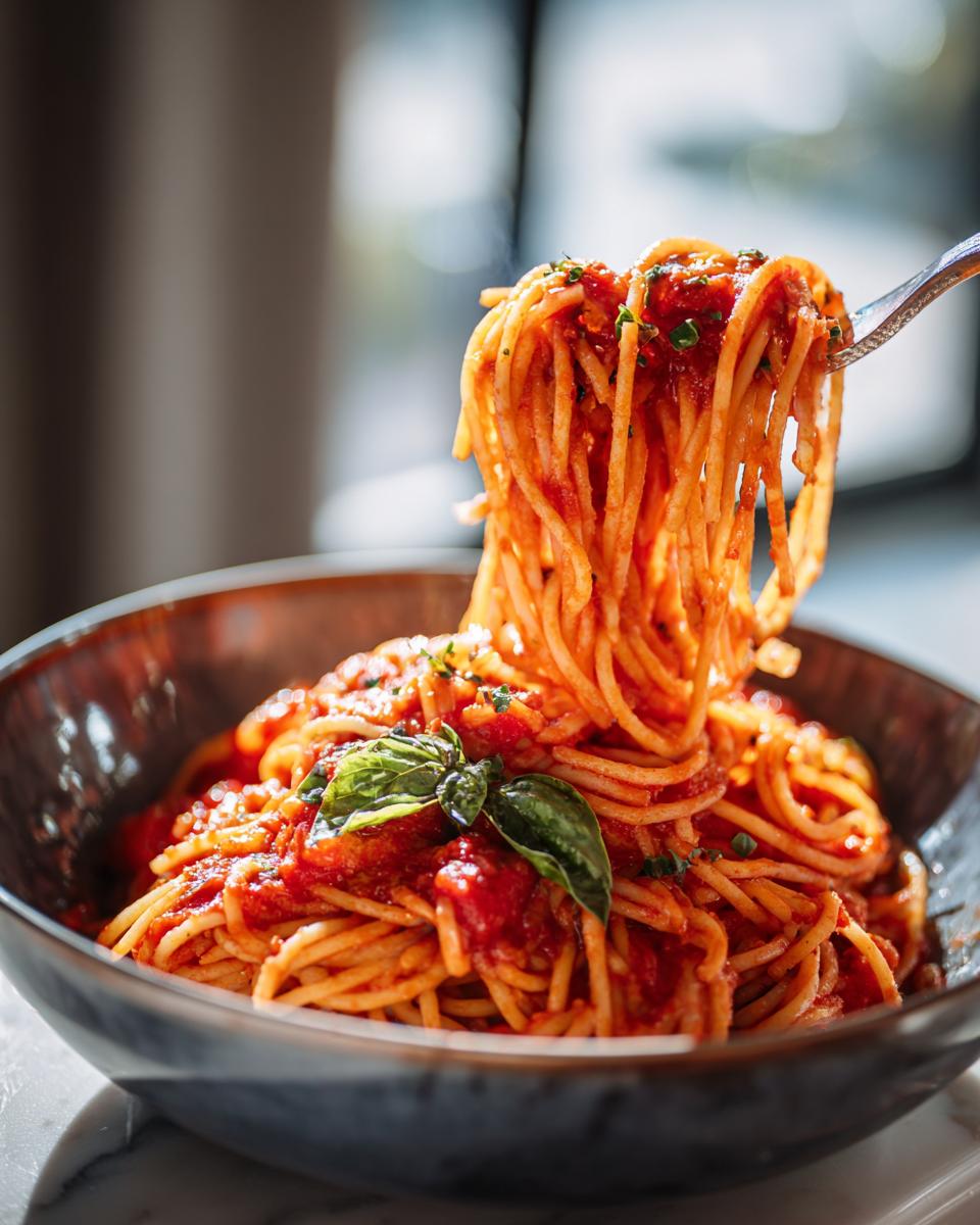 Spaghetti with tomato sauce, basil, and herbs, showcasing one of our easy Pasta Recipes in 20 Minutes (Weeknight Win).