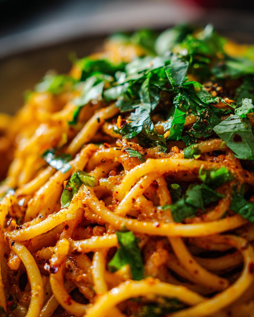 Close-up of a spicy pasta recipe, garnished with fresh basil and red pepper flakes.