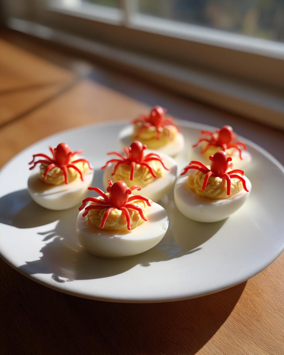 A plate of Spider Deviled Eggs, featuring deviled eggs topped with red plastic spiders for a Halloween treat.