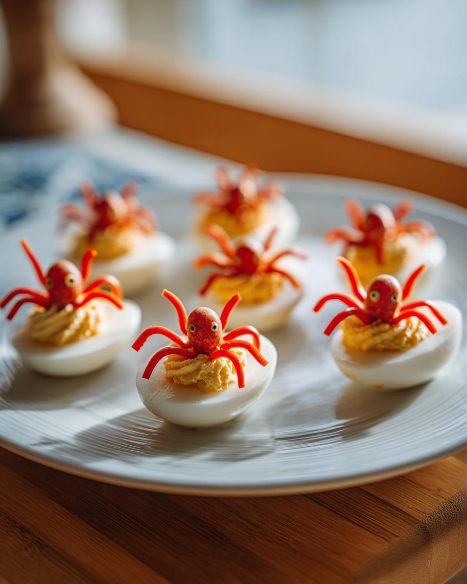 A plate of Spider Deviled Eggs, decorated with olive spiders and paprika legs for a spooky Halloween treat.