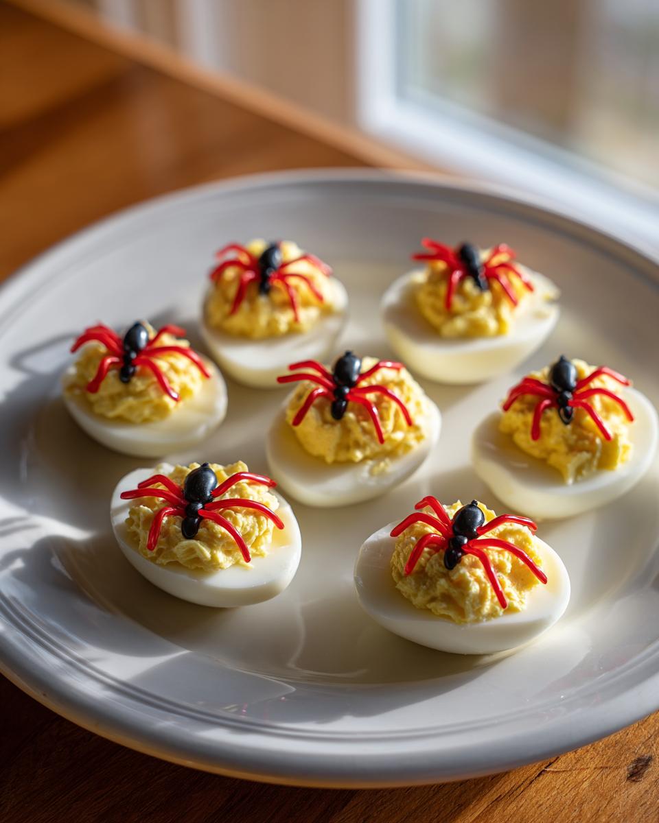 A platter of spooky Spider Deviled Eggs, decorated with spider accents for a Halloween treat.