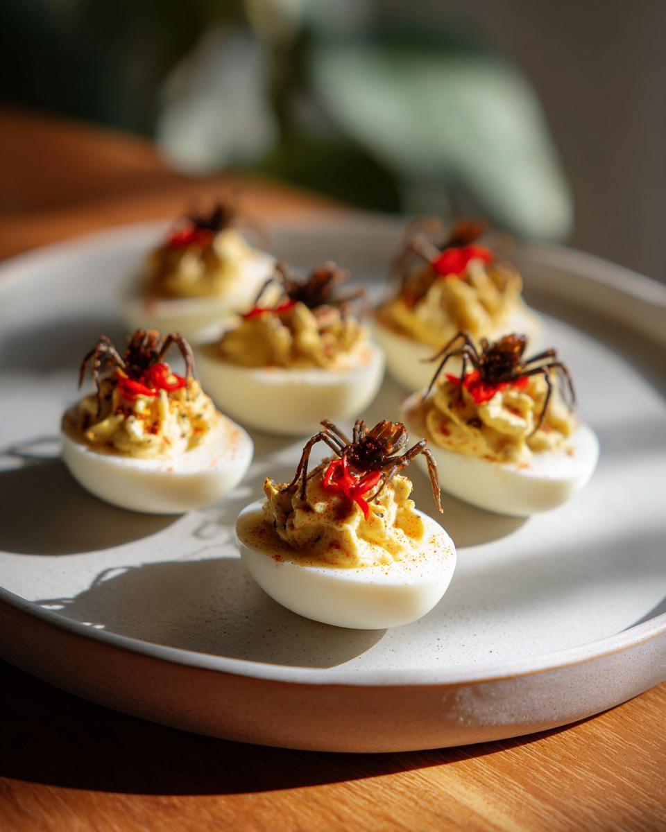 A plate of Spider Deviled Eggs, decorated with spiders and red pepper for a spooky Halloween treat.