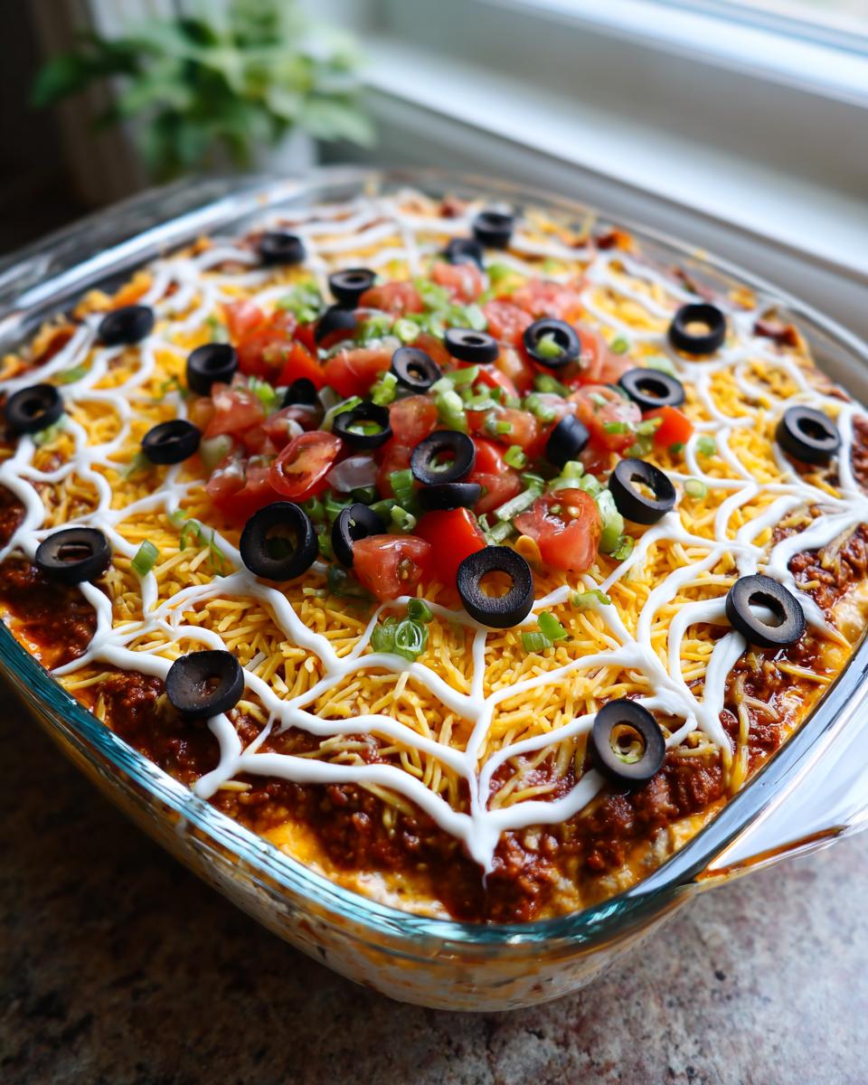 Spiderweb Taco Dip in a glass dish, decorated with sour cream, cheese, olives, tomatoes, and green onions.
