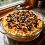 Overhead shot of Spiderweb Taco Dip with layers of toppings and a spiderweb decoration.