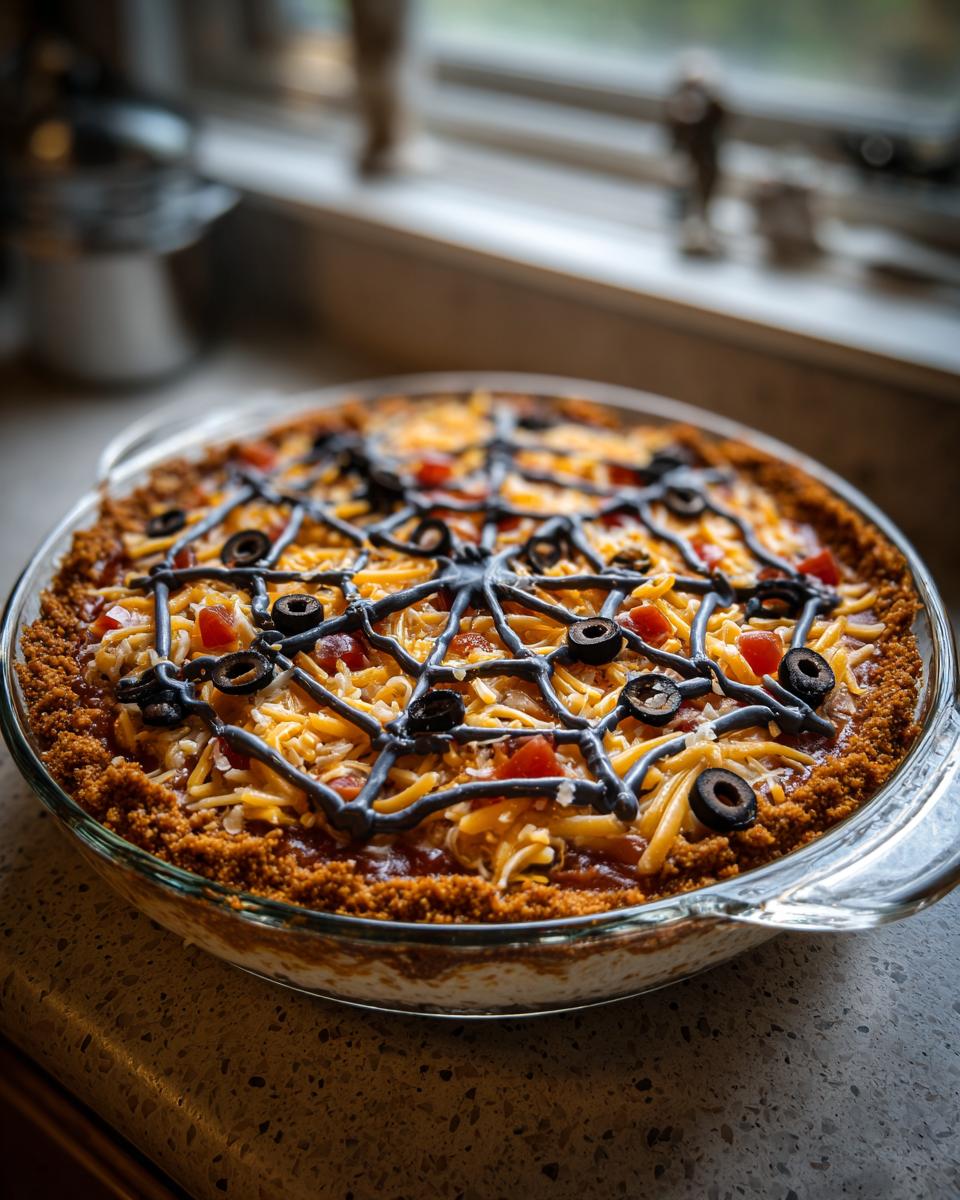 Spiderweb Taco Dip in a glass dish, decorated with a spiderweb made of black olives and sour cream.