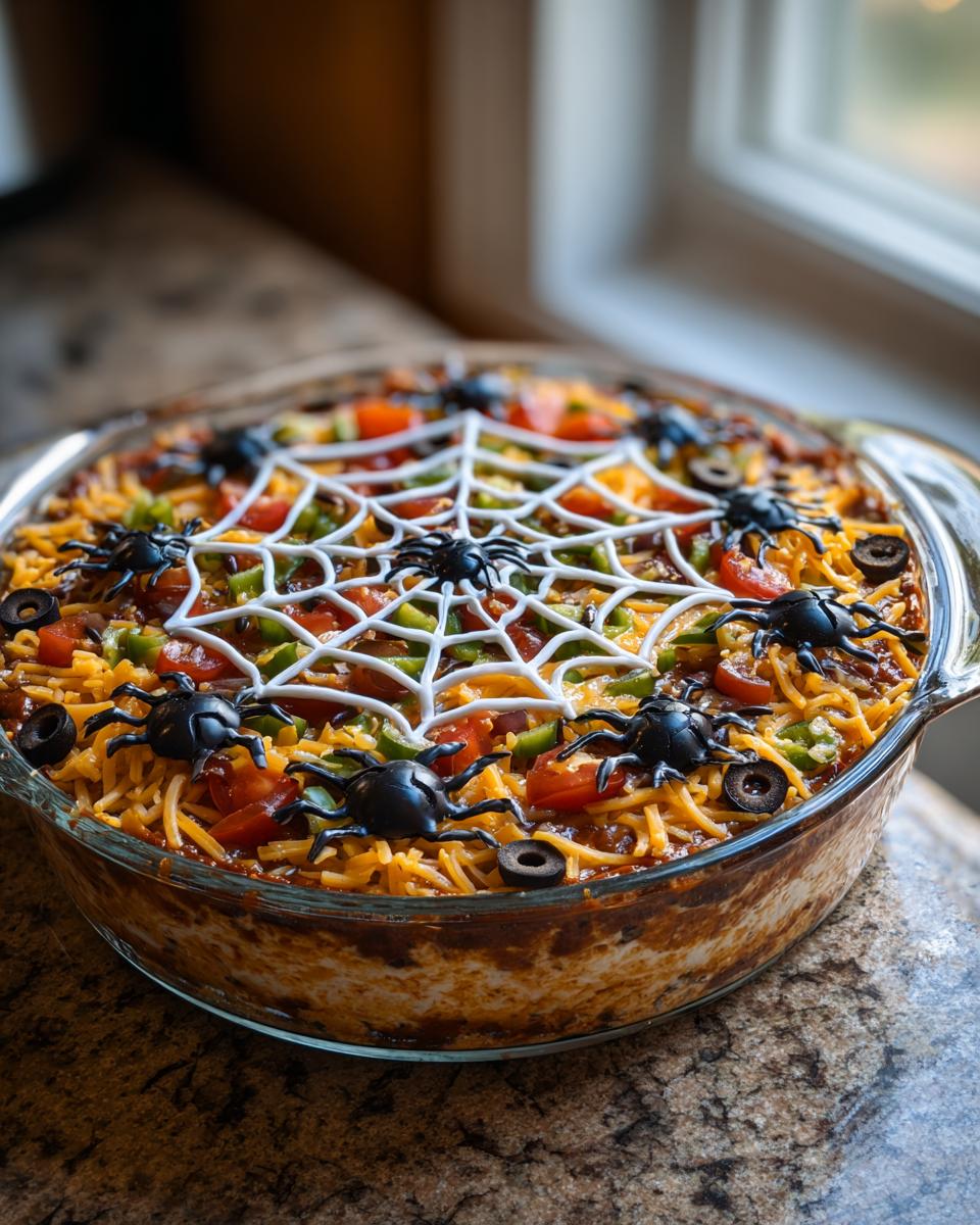 Spiderweb Taco Dip in a glass dish, decorated with a sour cream spiderweb and plastic spiders.
