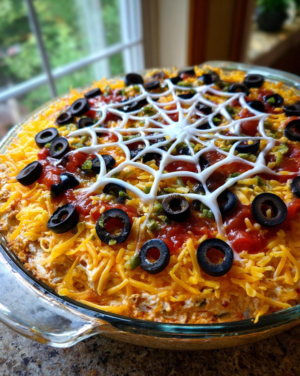 Overhead shot of Spiderweb Taco Dip in a glass dish, decorated with a sour cream spiderweb and black olives.