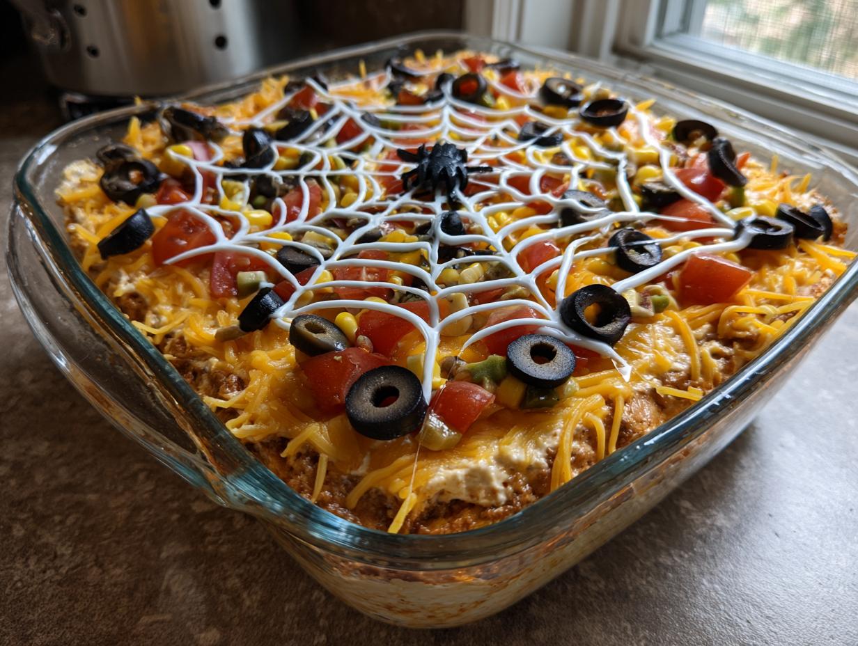 Spiderweb Taco Dip decorated with a sour cream spiderweb, olives, tomatoes, and corn in a glass dish.
