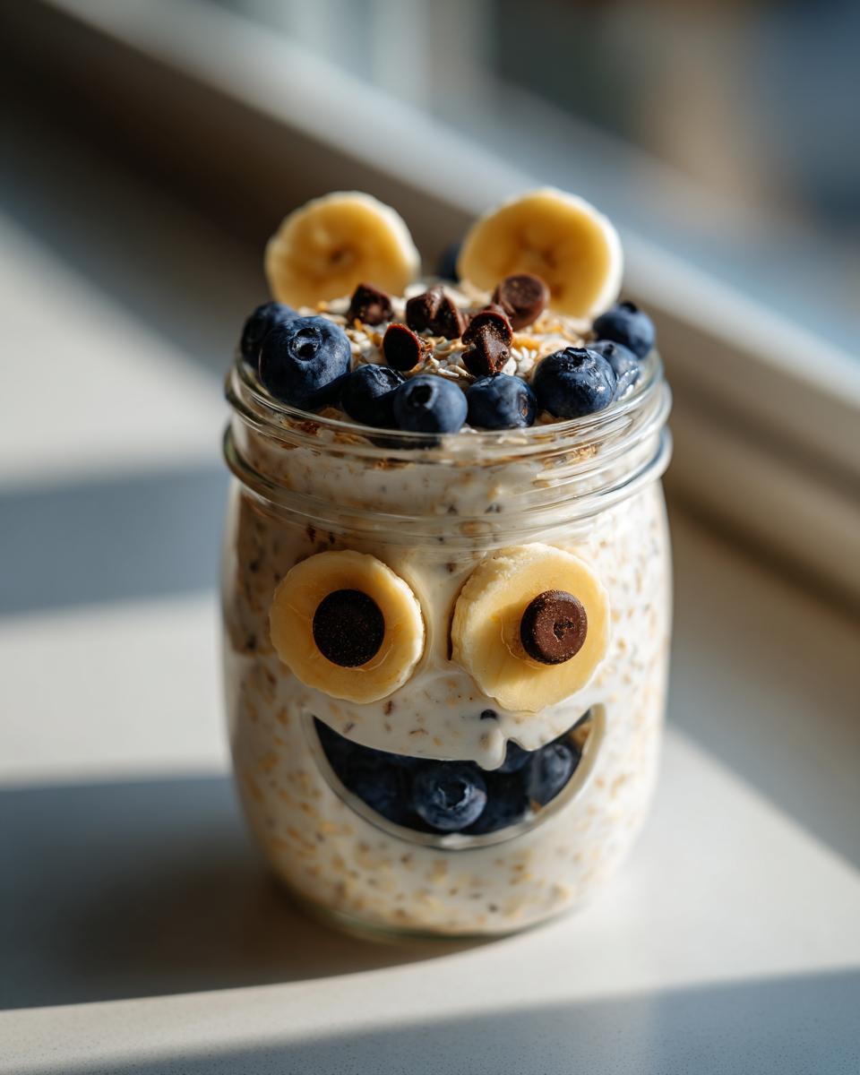 Jar of Overnight Oats with Spooky Toppings: bananas, blueberries, and chocolate chips arranged as a face.