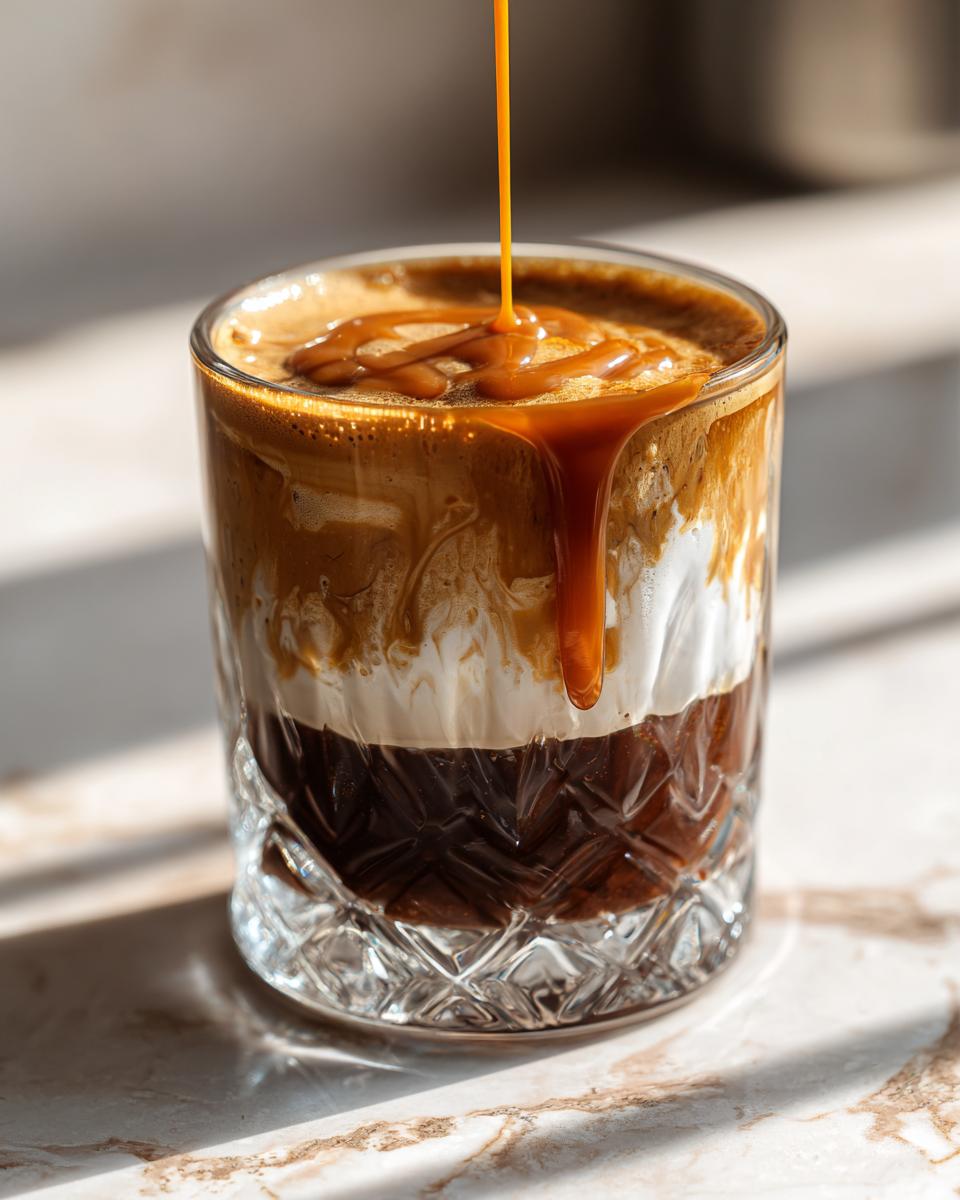 Caramel being drizzled on a layered Starbucks drink in a glass. Part of the Ultimate Starbucks Drinks Guide.