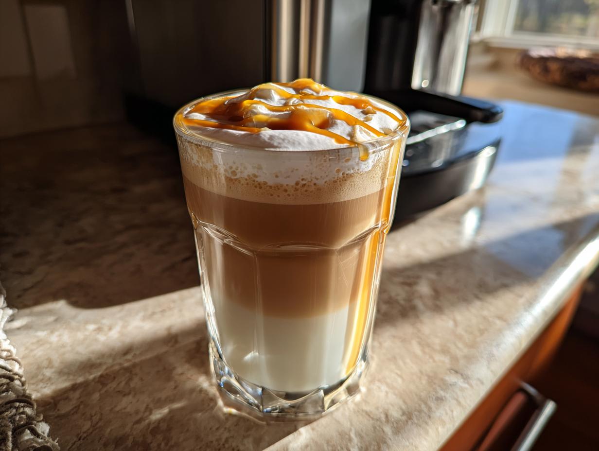 Layered Starbucks drink with whipped cream and caramel drizzle. Part of the Ultimate Starbucks Drinks Guide.