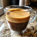 Espresso in a clear glass mug. This image is for an Ultimate Starbucks Drinks Guide.