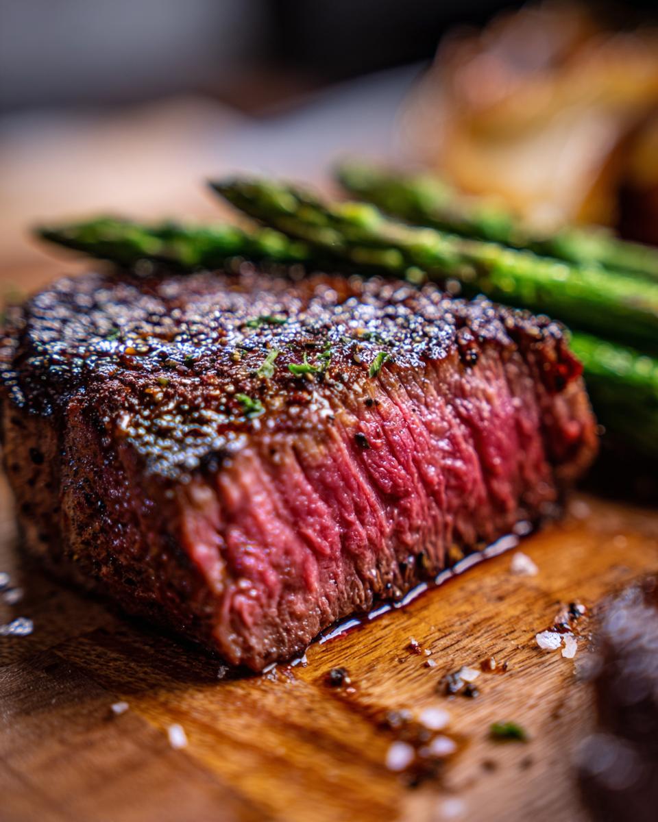 Close-up of a perfectly cooked steak with asparagus, showcasing a 5-Ingredient Dinner Ideas.