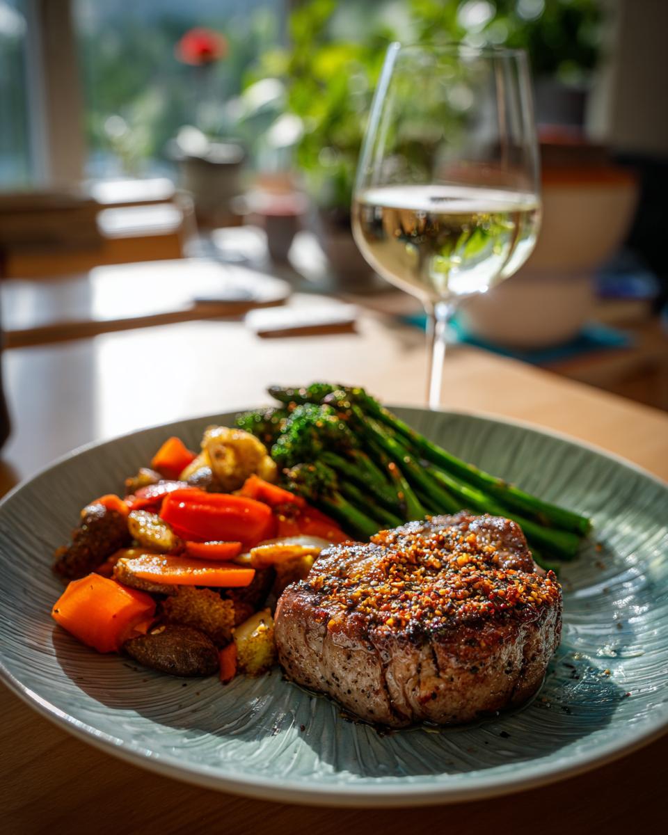 A delicious steak dinner with roasted vegetables and asparagus, representing Ultimate Easy Dinner Recipes.