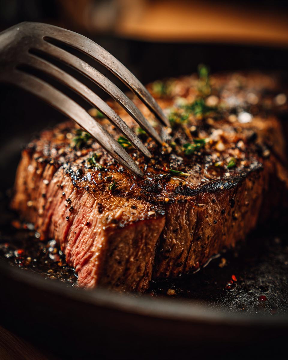 Close-up of a perfectly seared steak being pierced by a fork, showing how to make dinner recipes.