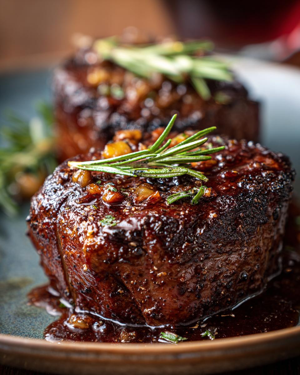 Two juicy steaks topped with rosemary and sauce, showcasing easy dinner recipes.