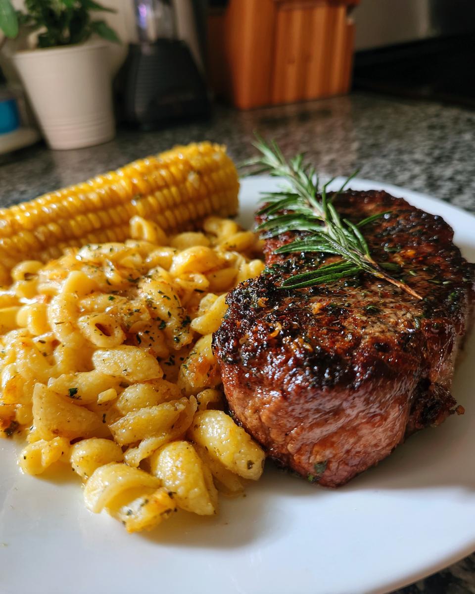 A delicious steak dinner with mac and cheese and corn on the cob, showcasing a 5-Ingredient Easy Dinner Recipes.