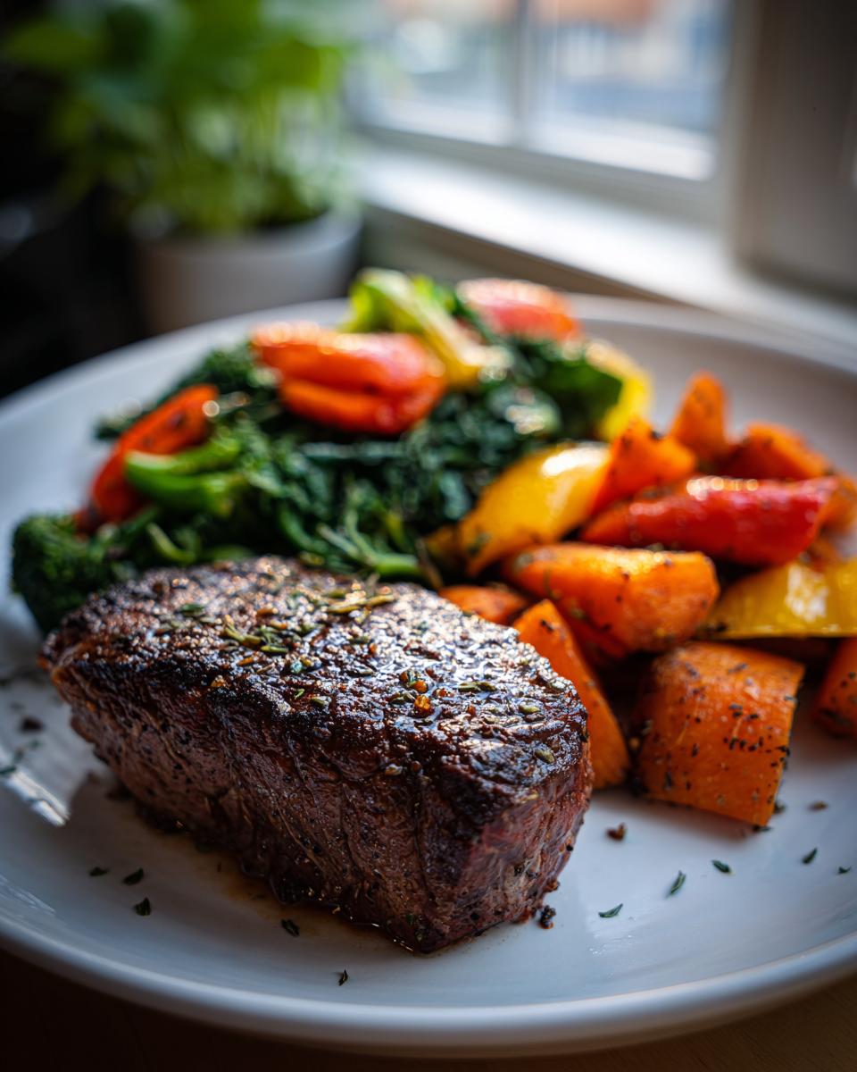 Perfectly cooked steak served with roasted vegetables, part of Ultimate Easy Dinner Recipes.