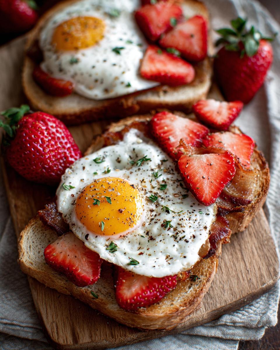 Two slices of toast topped with bacon, fried eggs, and fresh strawberries, showcasing 5-Ingredient Breakfast Ideas.