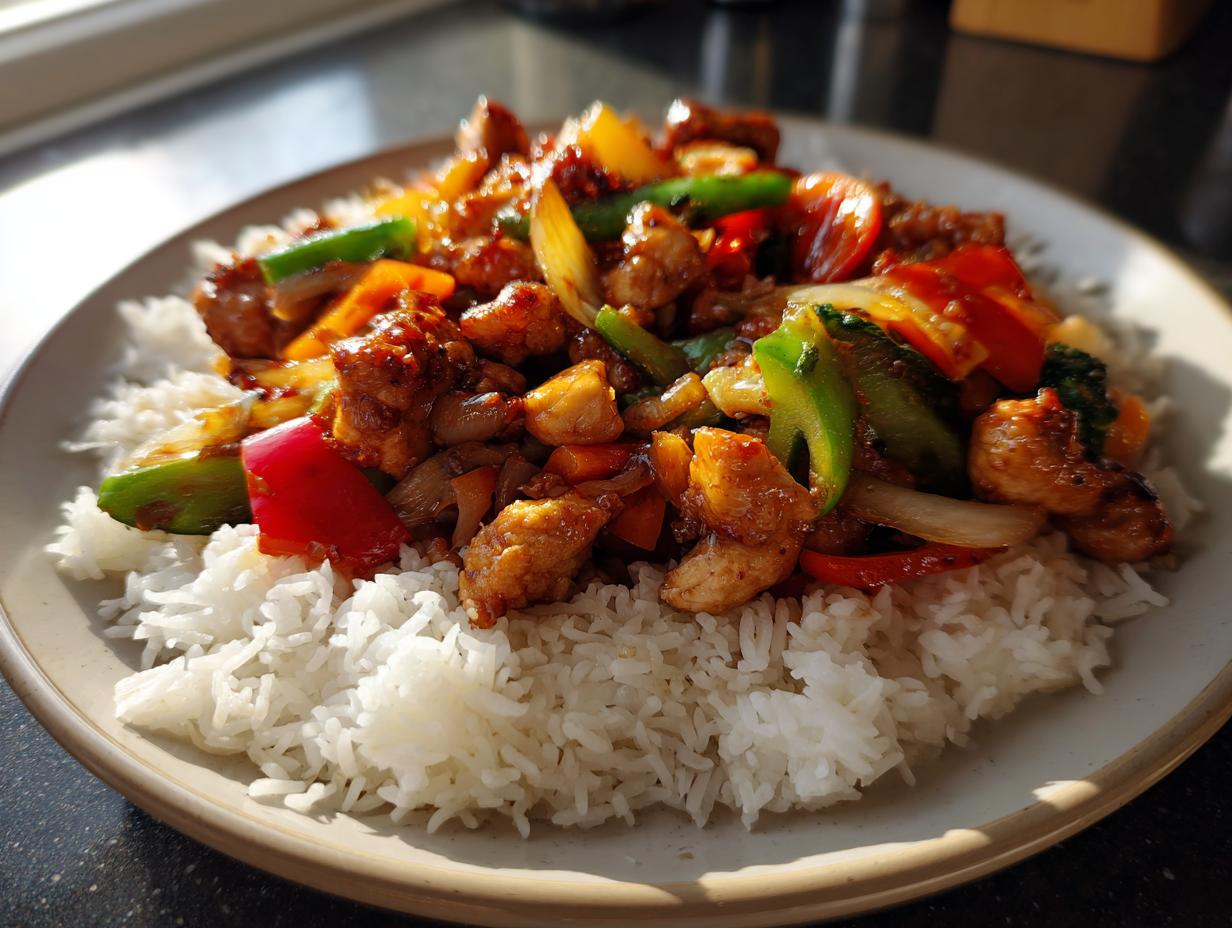 Sweet and sour chicken served over rice, a quick and easy dinner ideas guide recipe.