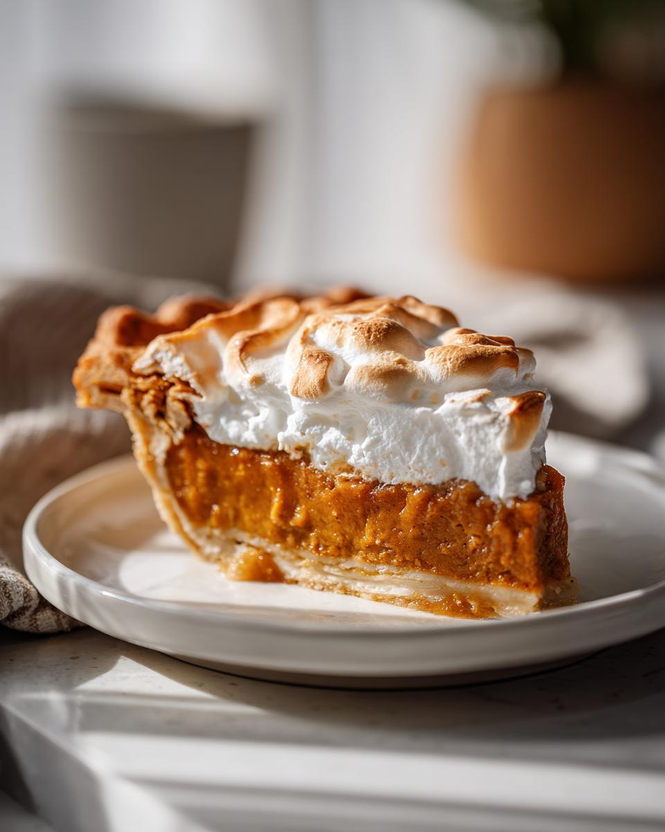 Slice of sweet potato pie with toasted meringue topping, perfect for Thanksgiving desserts.