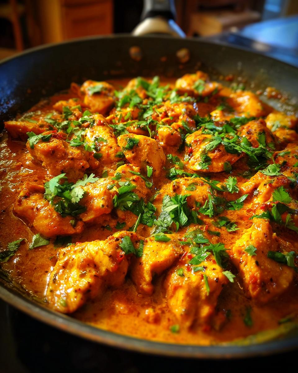 A skillet filled with delicious Texas Roadhouse Butter Chicken, garnished with fresh cilantro.