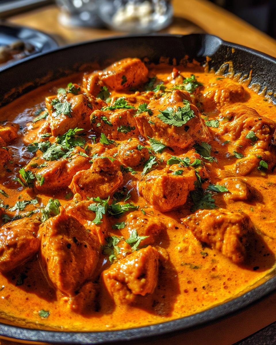 A close-up of Texas Roadhouse Butter Chicken Skillet, featuring chicken and creamy sauce, garnished with fresh cilantro.