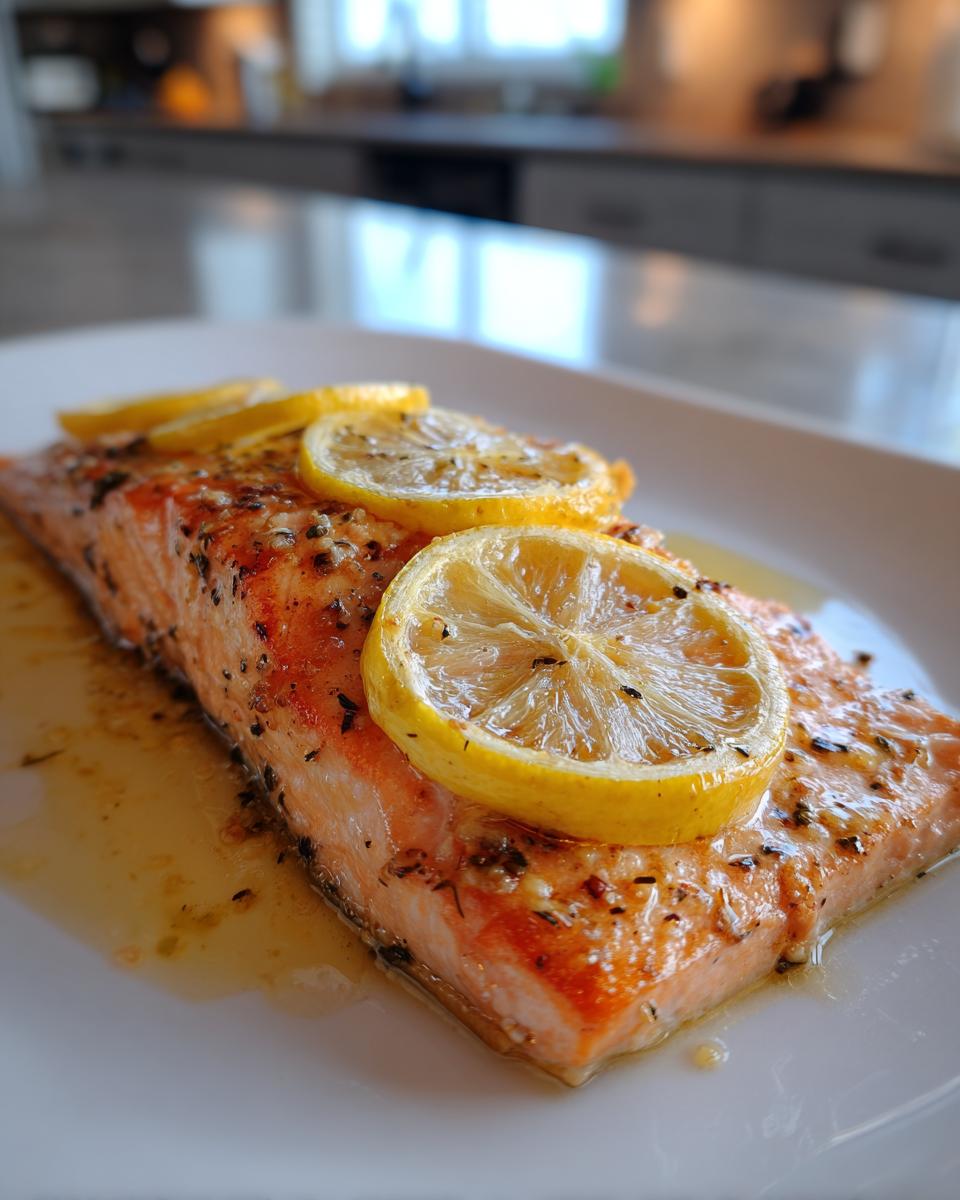 Close-up of a salmon fillet topped with lemon slices, featuring Texas Roadhouse Butter Chicken Skillet sauce.