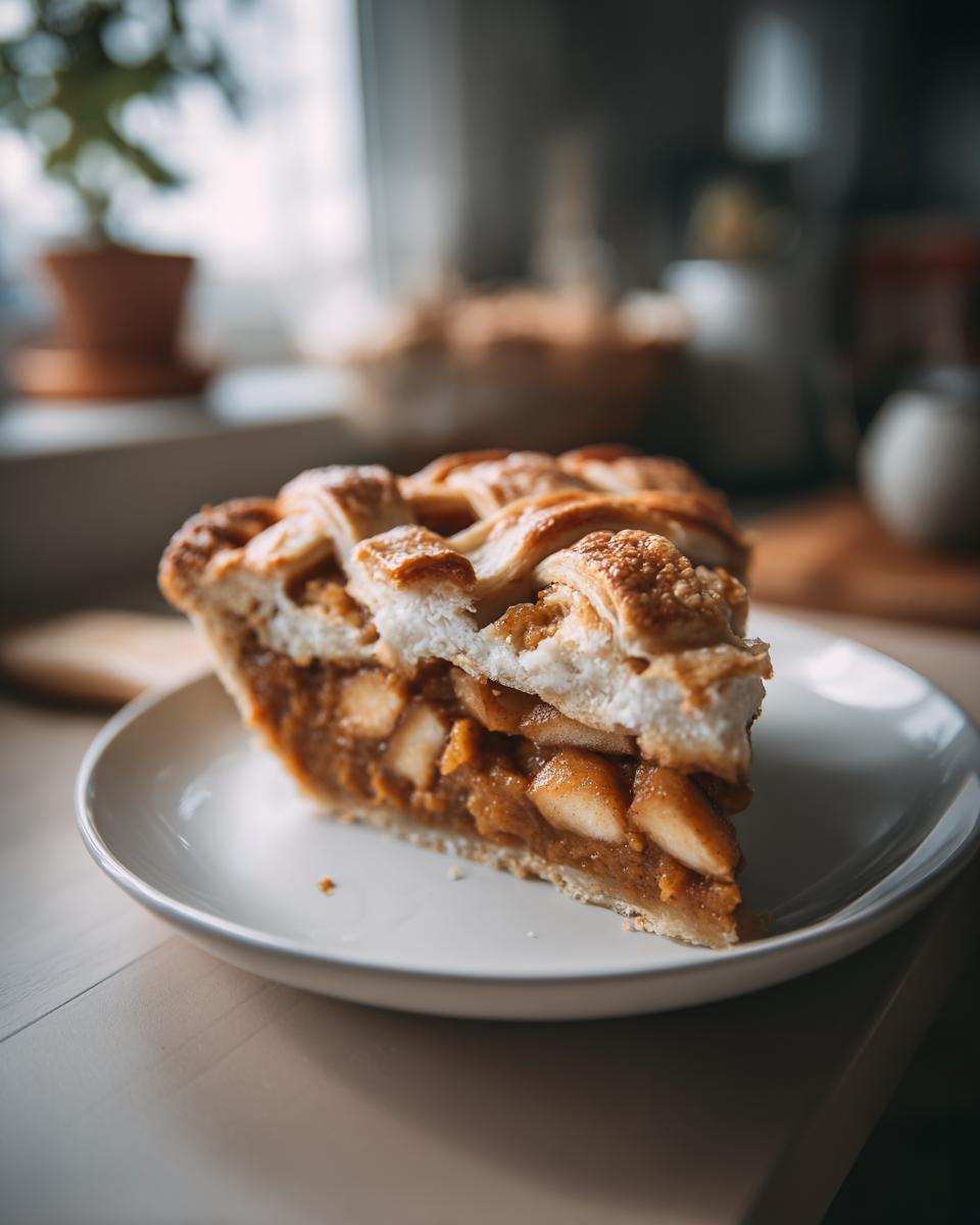 A slice of apple pie, a perfect Thanksgiving dessert, with lattice crust on a white plate.