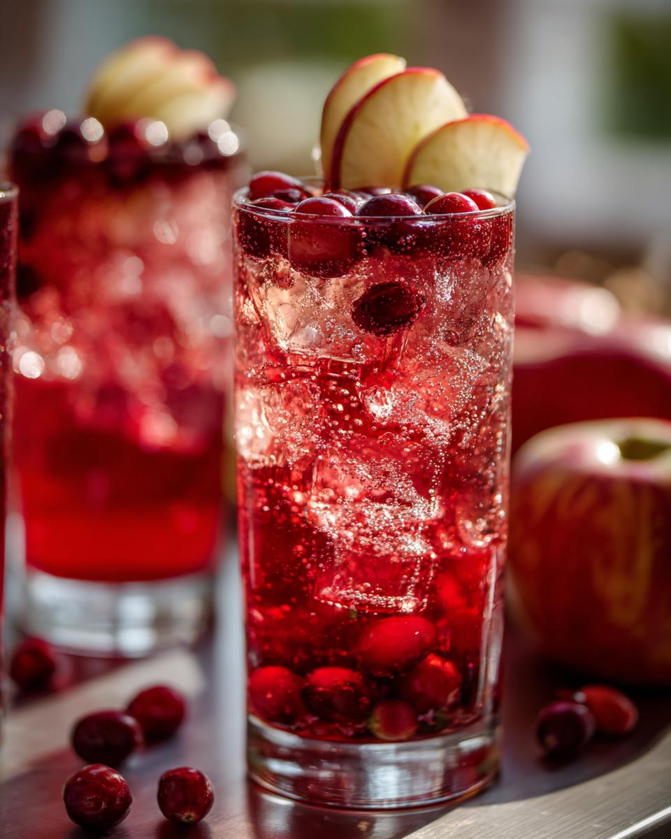 Festive Thanksgiving drink with cranberries, apple slices, and sparkling liquid. What Makes Perfect Thanksgiving Drinks? Try This!