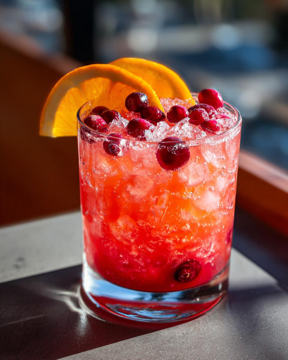 Restaurant-Style Thanksgiving Drinks at Home: A vibrant cranberry cocktail with orange slices and crushed ice.