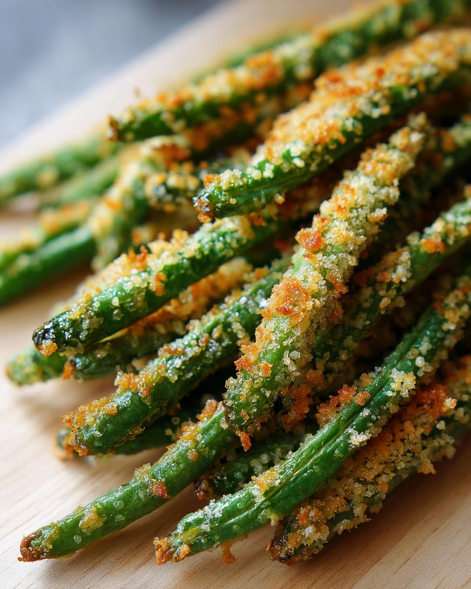 Close-up of crispy Thanksgiving green beans with a golden-brown coating on a wooden board.
