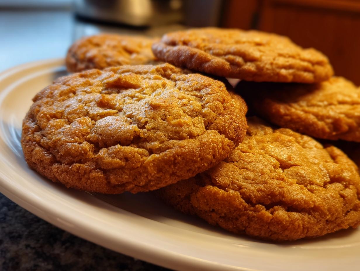 A plate of freshly baked pumpkin cookies, perfect for Thanksgiving Desserts. Close-up shot of the golden-brown cookies.