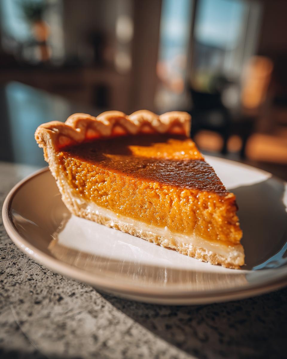 A slice of pie, a Thanksgiving Desserts Recipe everyone asks for, sits on a plate with a flaky crust and smooth filling.