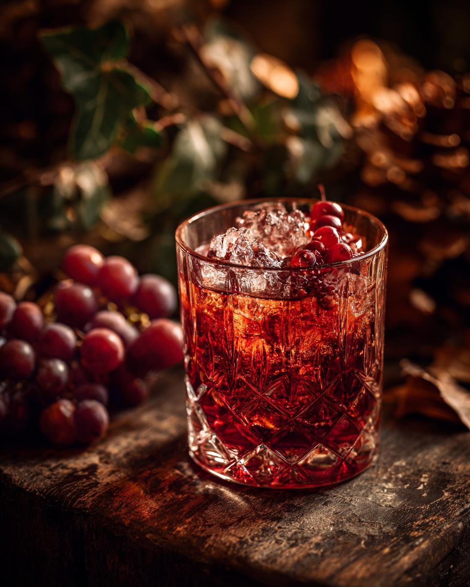 A red cocktail with ice and cranberries, one of our 5-Ingredient Thanksgiving Drinks.