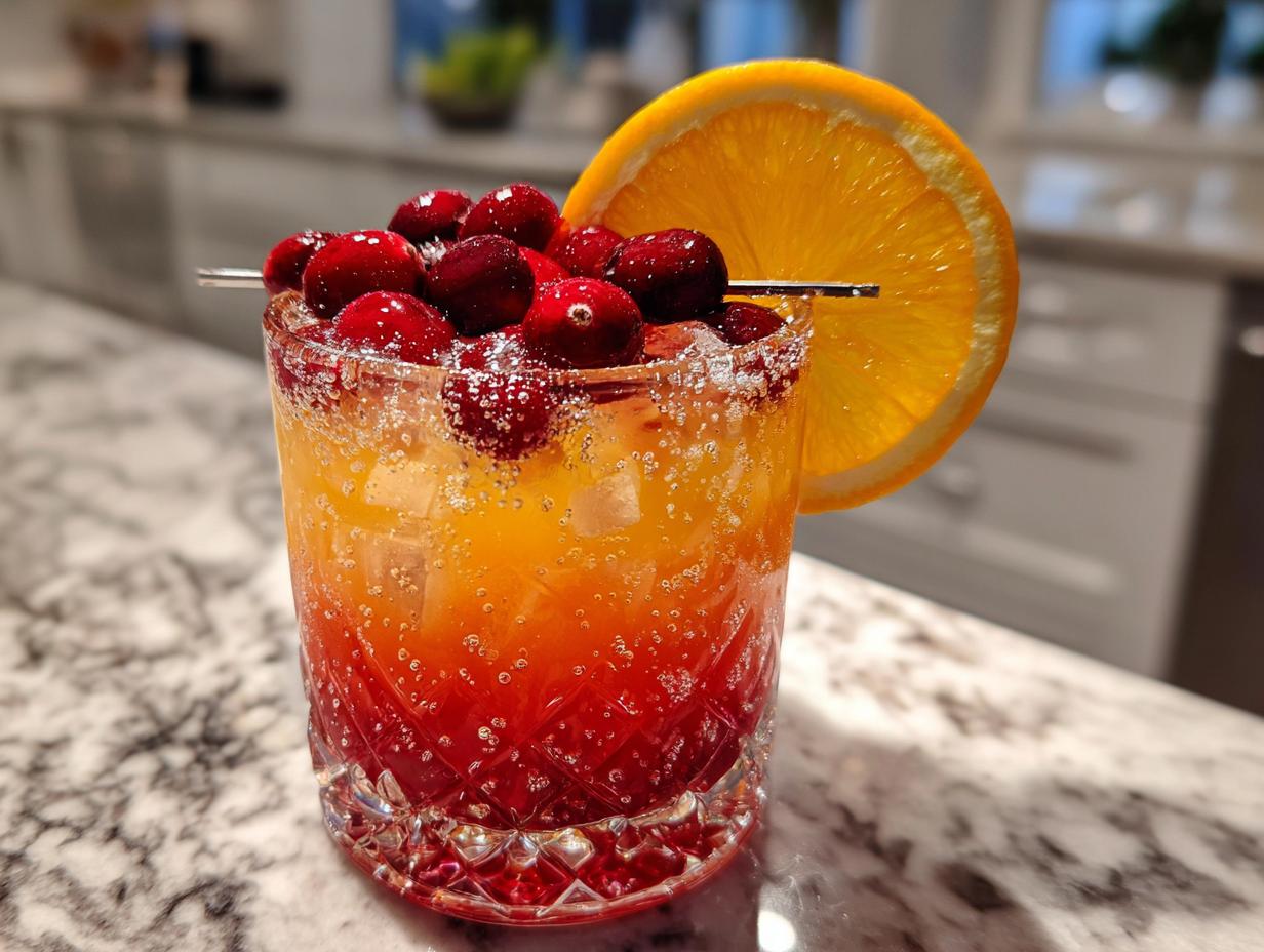 A festive Thanksgiving drink featuring layers of red and orange liquid, cranberries, an orange slice, and sparkling bubbles.