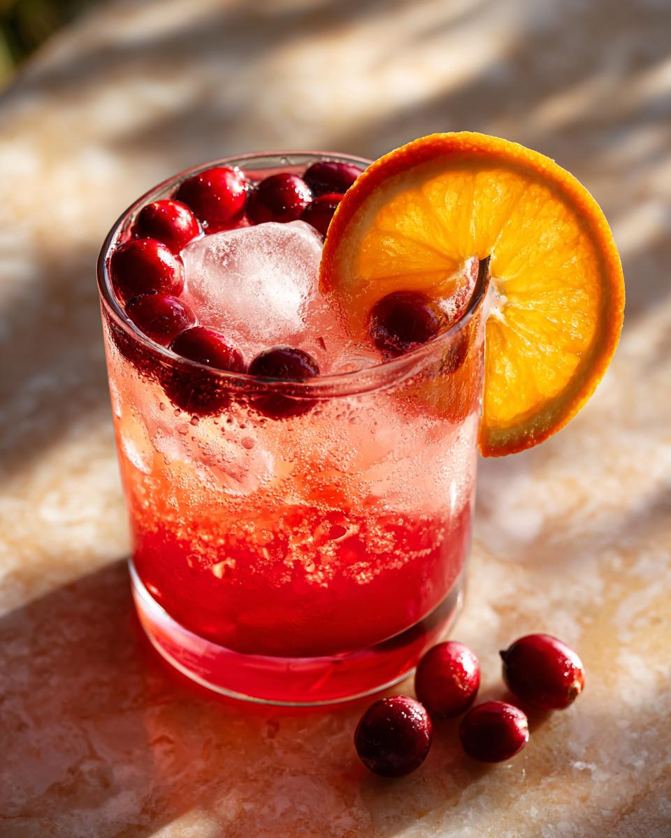 Restaurant-Style Thanksgiving Drinks at Home: A cranberry and orange cocktail with ice and fresh cranberries.