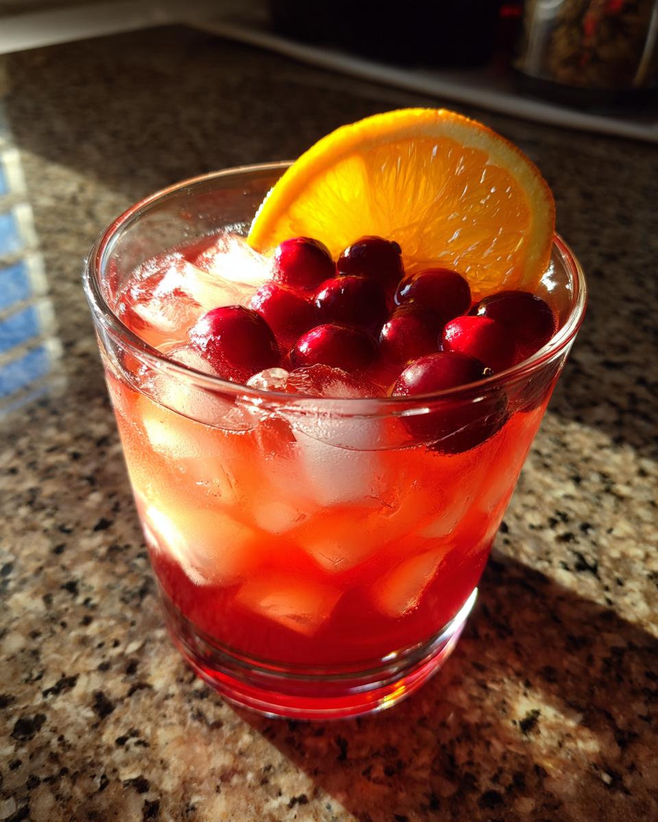 A refreshing Thanksgiving drink with cranberries, orange slice, and ice in a glass.