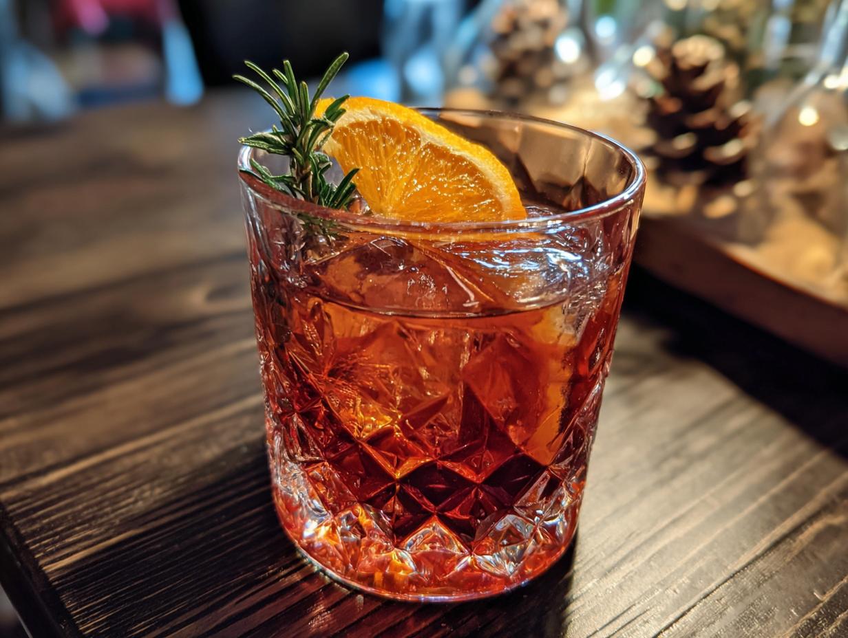 A festive Thanksgiving drink with ice, garnished with an orange slice and rosemary sprig in a crystal glass.