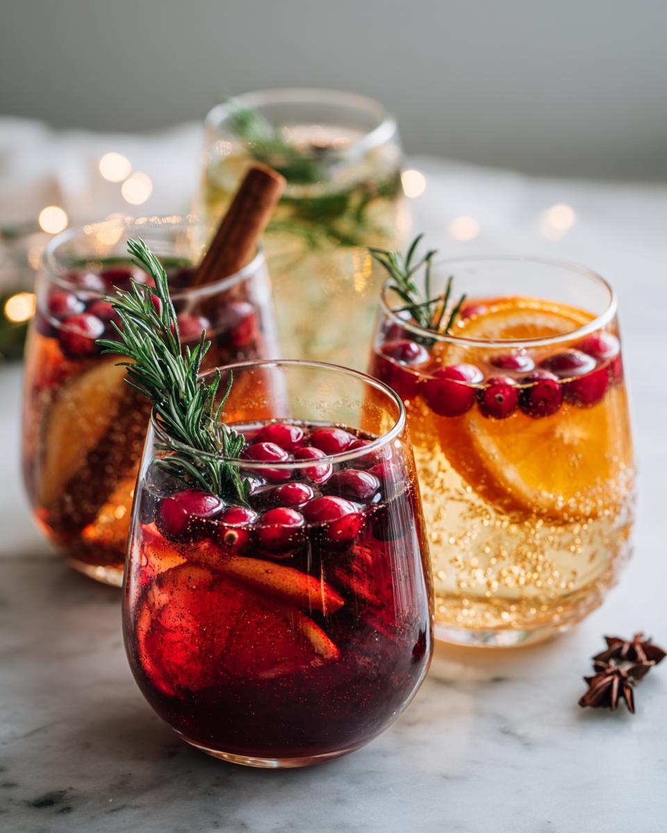 Assortment of festive cocktails for a Thanksgiving Drinks Guide, garnished with cranberries, rosemary, and citrus.