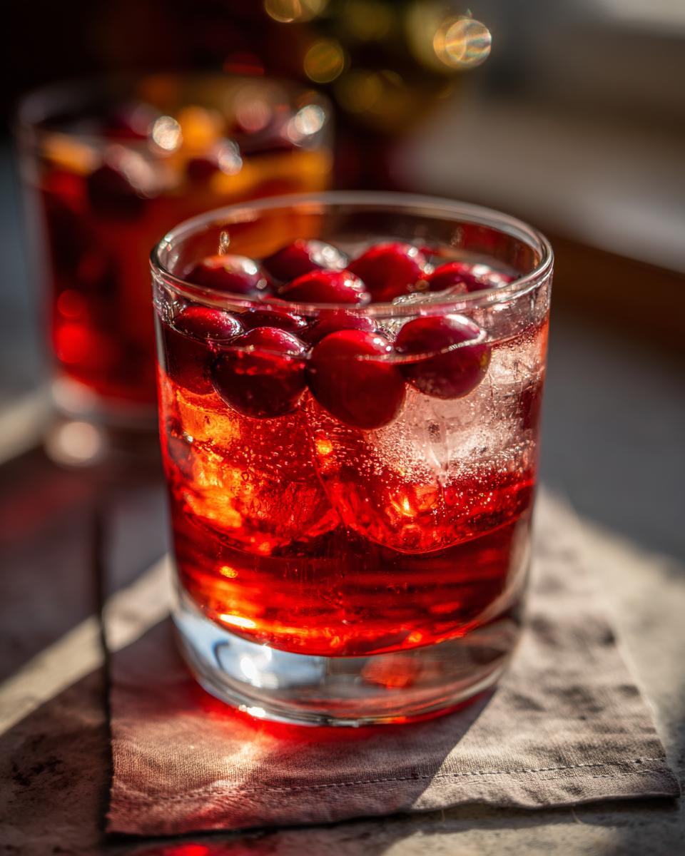 A refreshing cranberry cocktail with ice and cranberries, perfect for Thanksgiving Drinks.