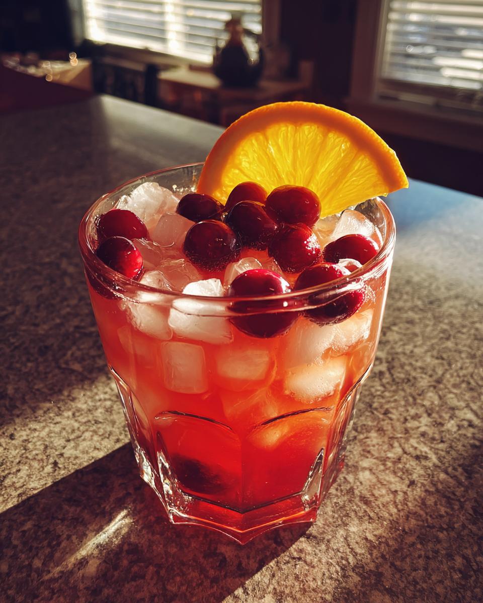 A refreshing Thanksgiving drink in 20 minutes, garnished with cranberries and an orange slice.