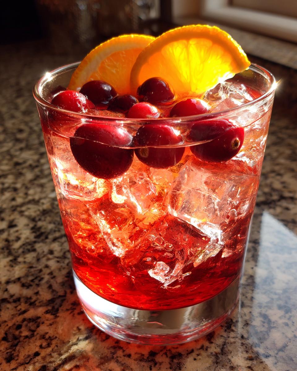 A refreshing Thanksgiving Drinks cocktail with cranberries, orange slices, and ice in a glass.