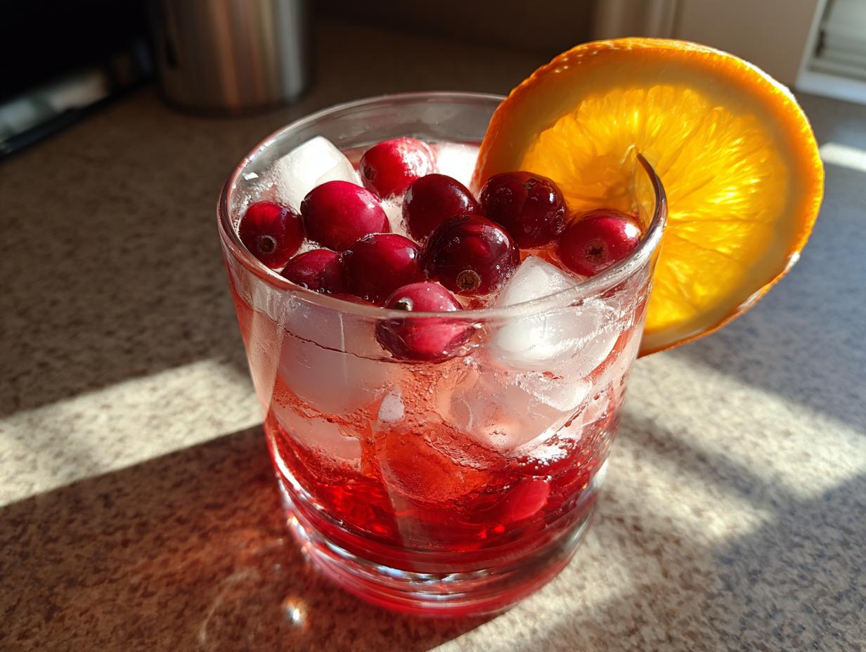 A refreshing Thanksgiving drink in 20 minutes with cranberries, ice, and an orange slice.