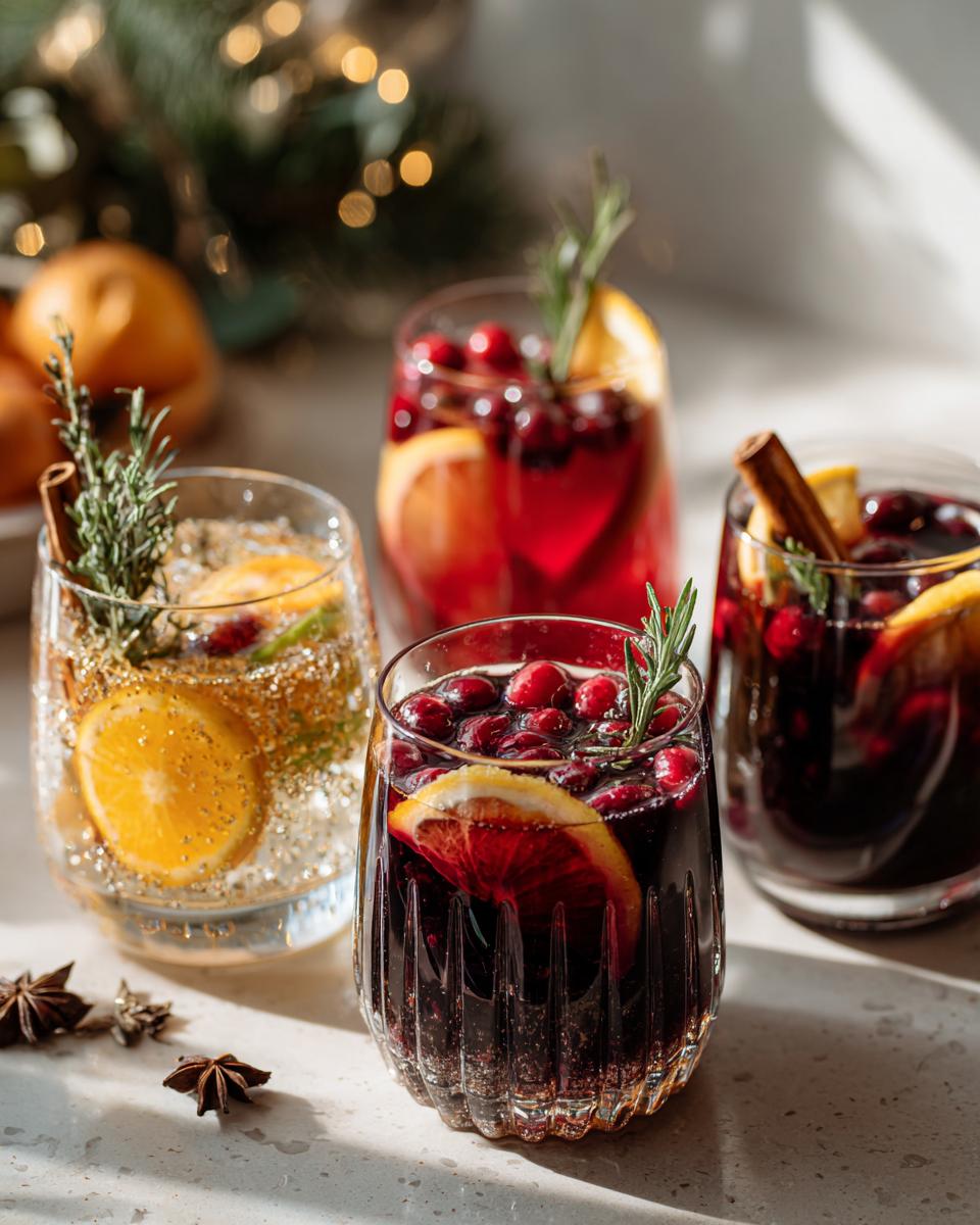 Four glasses of festive cocktails for a Thanksgiving Drinks Guide, garnished with oranges, cranberries, and rosemary.