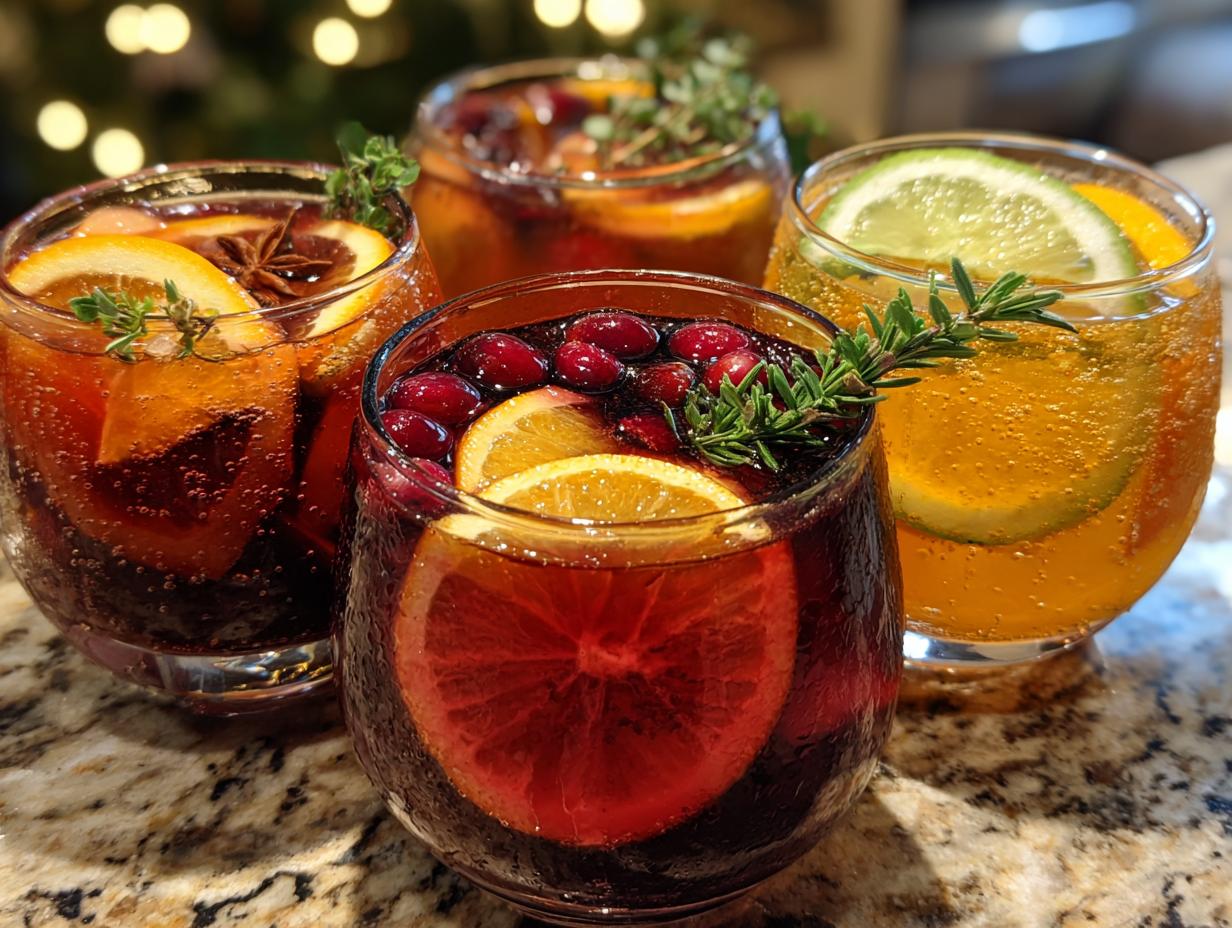 Festive Thanksgiving drinks guide featuring colorful cocktails with fruit and herbs in stemless glasses.