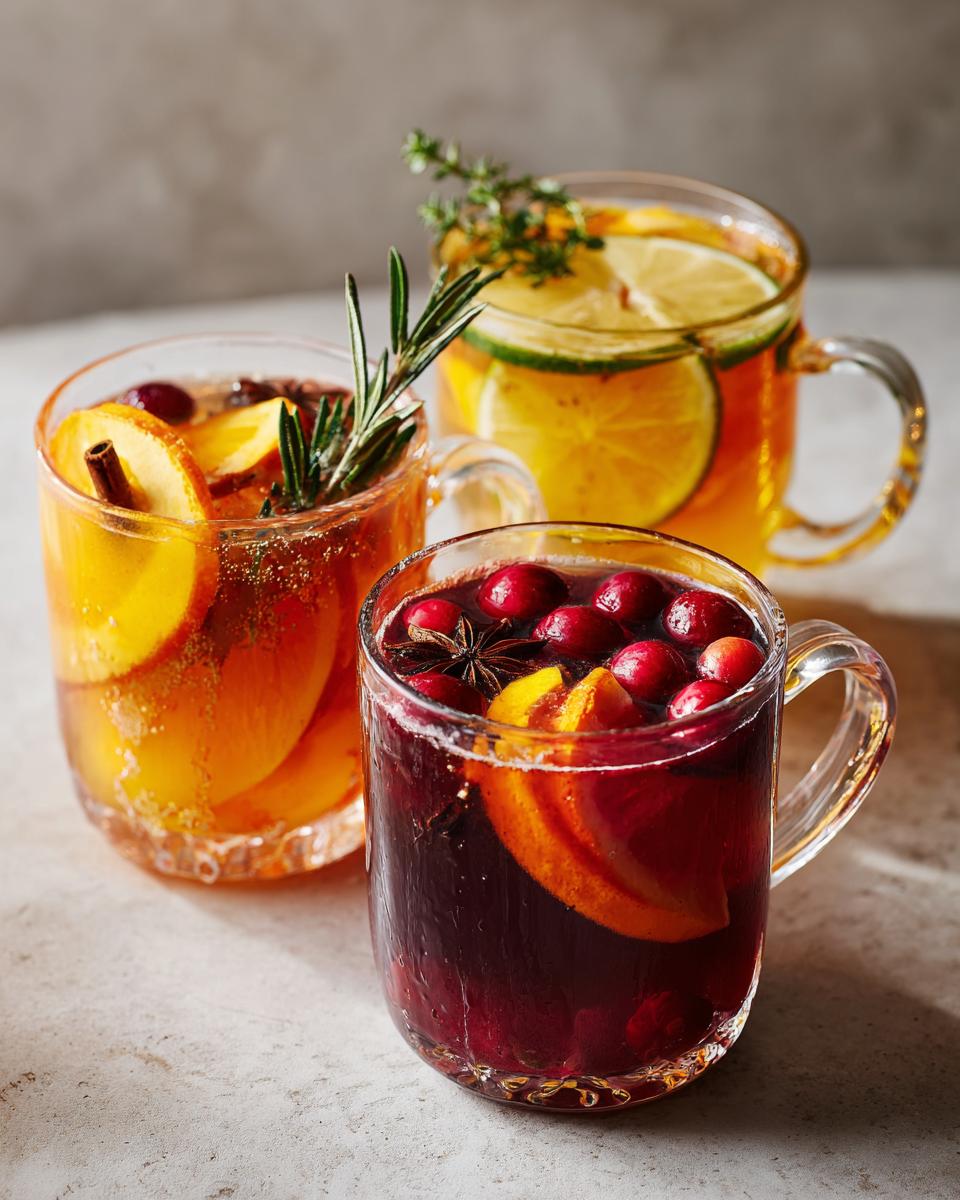 Three festive drinks for the Ultimate Thanksgiving Drinks Guide, garnished with fruit, herbs, and spices.