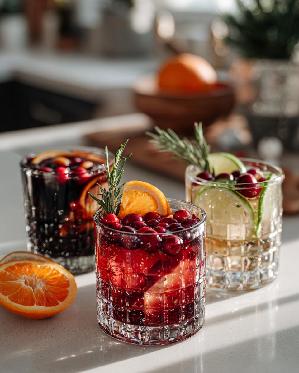 Three festive drinks for a Thanksgiving Drinks Guide, garnished with cranberries, citrus, and rosemary.