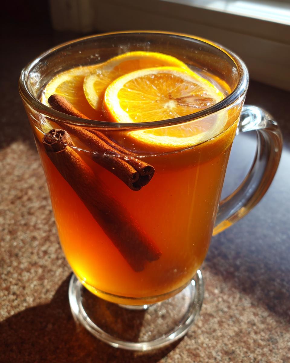A warm Thanksgiving drink featuring spiced orange cider with cinnamon sticks and orange slices.